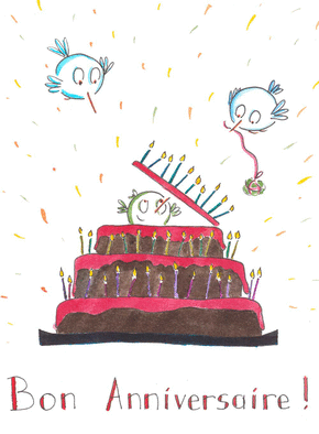 Carte anniversaire Les oisillons et le gâteau d`anniversaire